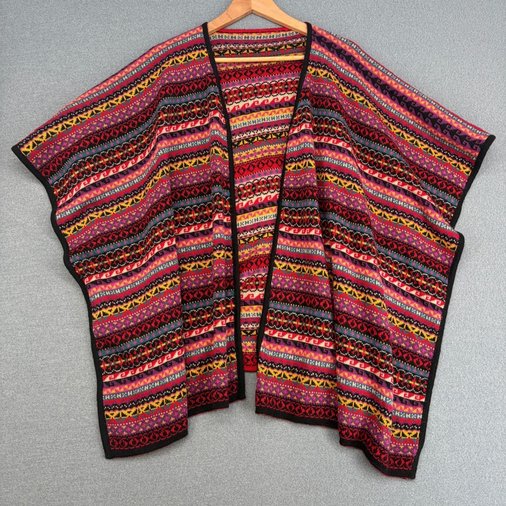 Colorful Reversible Geometric Fair Isle Knit Poncho Open Front Boho Wrap Sweater